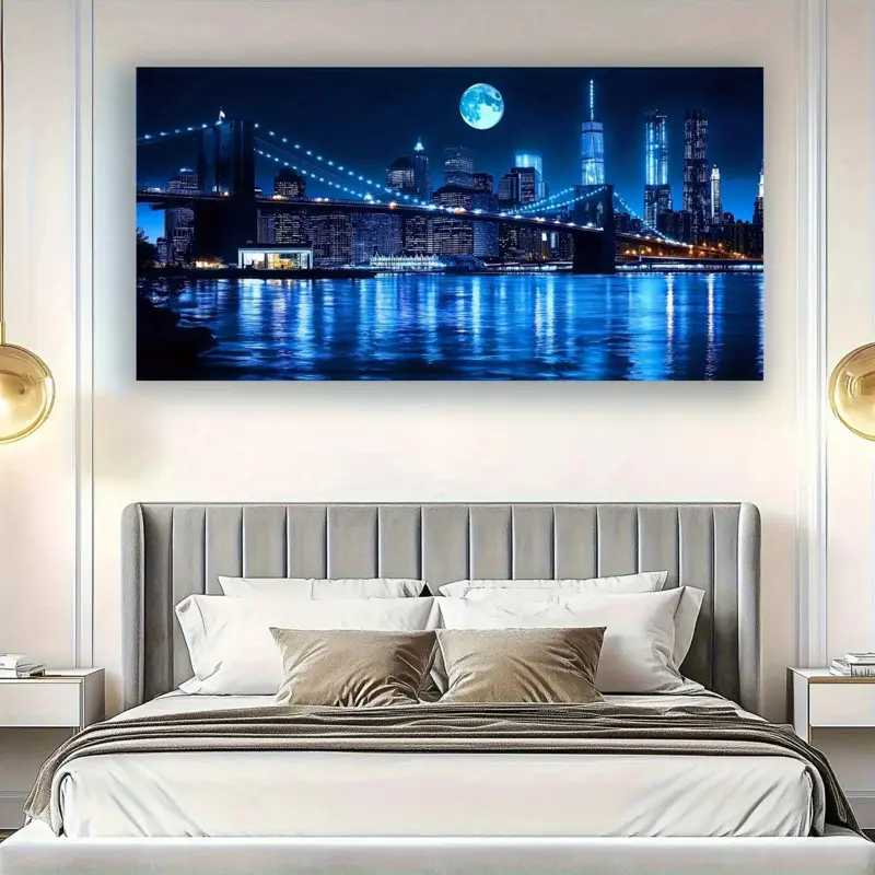 Minimalist Retro Eco-Friendly Cotton-Wrapped Brooklyn Bridge & Manhattan Skyline Night Photo Canvas Print Artwork, Unframe-24×36inch(60×90cm) Artistic Home Decor for Room, Home Inspo Wall Accent for Design Lovers