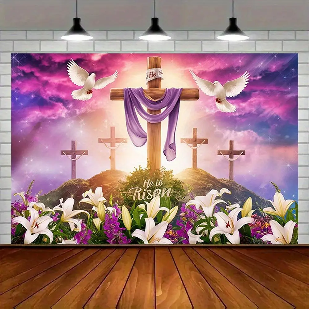 1pc Modern Farmhouse Easter Amber Glow Polyester Banner - "He Is Risen" Cross Design with Lilies, Doves, Stars, Flowers, Party Decorations Banners, Wall Hanging Backdrop for Home, Easter Celebrations