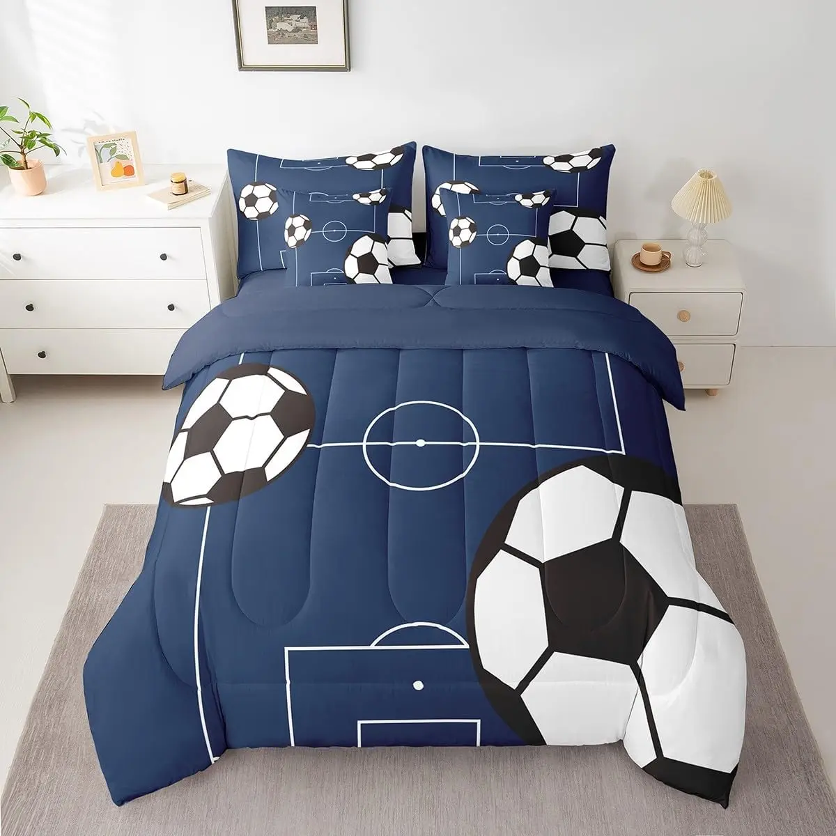 Feelyou 7-Piece Football Bedding Set - Soccer Ball Pattern Sports Theme Bed-in-a-Bag with Comforter, Sheets, Pillowcases, Cushion Cover and Soccer Ball Duvet Cover