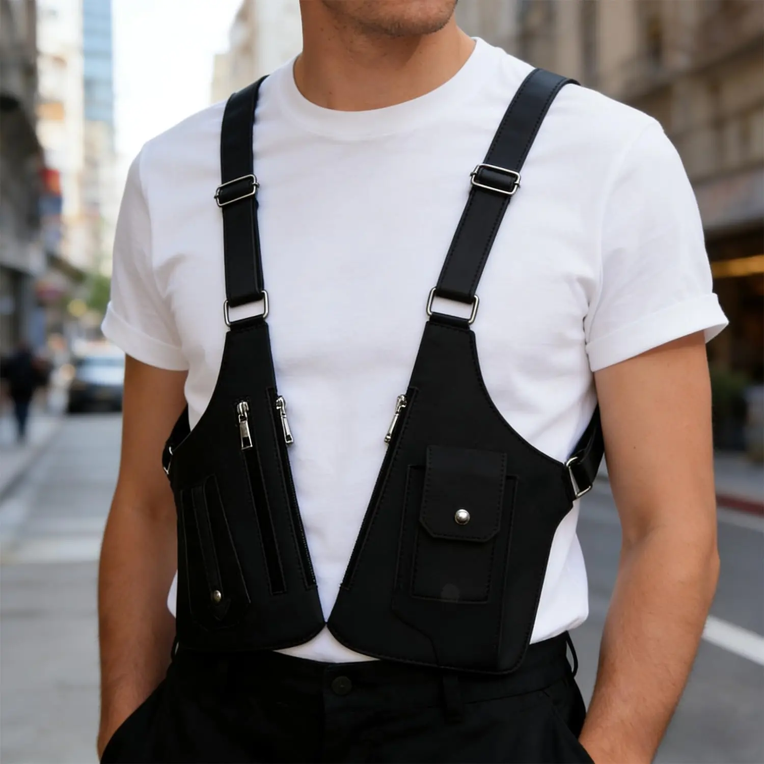 Men’s Double Shoulder Underarm Bag, Anti-Theft Underarm Pouch with Adjustable Strap, Hidden Phone Wallet Pocket for Travel and Everyday Use, Black