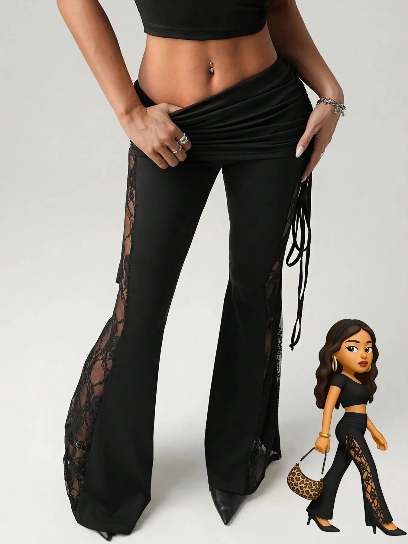 Women's Lace Side Stripe Beach Vacation Flared Pants, Bell Bottom Pants, Casual Bohemian Trousers, Boho Casual Trousers, Sexy Waist Drawstring Adjustable Flare Leggings, Casual Slim-Fit All Season Wear Womenswear Aesthetic, Casual Chic Trousers