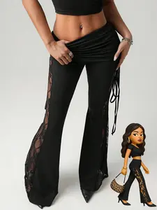 Women's Lace Side Stripe Beach Vacation Pants, Sexy Waist Drawstring Adjustable Flare Leggings, Casual Slim-Fit All Season Wear
