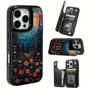 Painting Floral Landscape Nature Scenery Pattern Leather Card Holder Phone Case, Suitable for iPhone 17 Air/16 Plus/15 Pro Max/14 Pro/13/12/11/XS Max/X Phone Case, Best Choice for Thanksgiving Christmas Gifts for Family Friends Lovers Boyfriend Girlfriend
