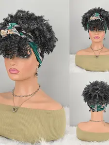 Curly Wig with Chain Print Headwrap, Kinky Curly Wig, Synthetic Hair, Medium Length, Easy Wear Turban Style, All Seasons, Natural Looking Wig, Synthetic Curly Wigs, Synthetic Fiber Wigs
