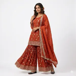Hot Orange Panjabi Suit for Women Indian Design Top and Bottoms Set - Clothes