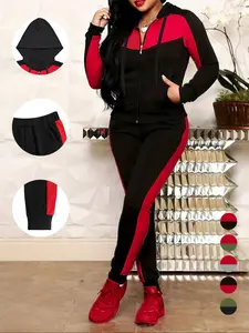 Two-Piece Set Women's Colorblock Zip Up Drawstring Hooded Jacket & Elastic Waist Pants, Casual Lounge Set, Casual Long Sleeve Hooded Outerwear & Pocket Trousers for Fall & Winter, Women's Clothes for Daily Wear