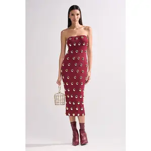 TIME AFTER TIME MIDI DRESS WITH METAL DETAILING IN BURGUNDY
