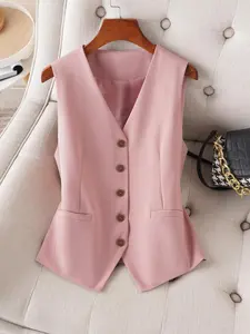 Women's Solid Button Front Vest Blazer, Elegant Formal Wear Casual Fashion Sleeveless Waistcoat for Work Office Business, Ladies Spring & Fall Clothes