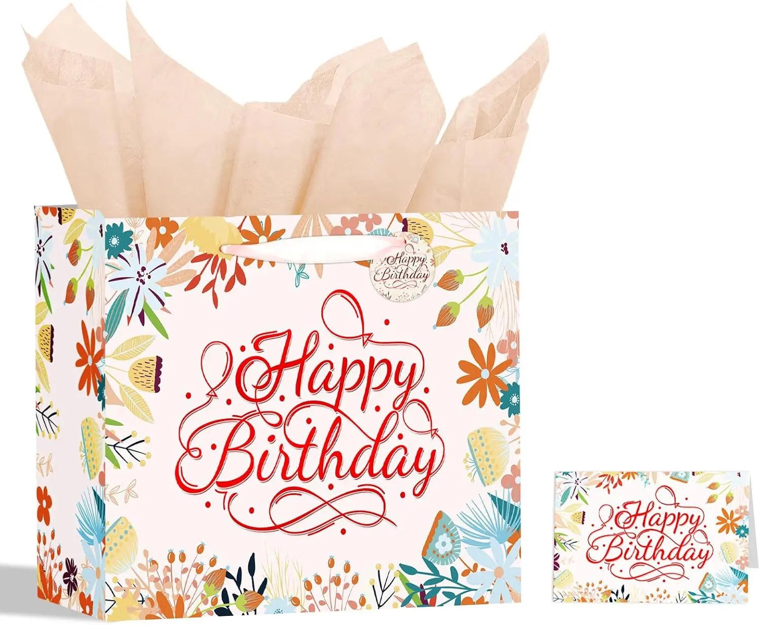 13" Birthday Gift Bag with Tissue Paper & Card(1 Pack Beige) | Happy Birthday Gift Bag for Men Women,Gift Bags Medium size, Foldable, Sturdy and durable, Reusable, Perfect for Mothers