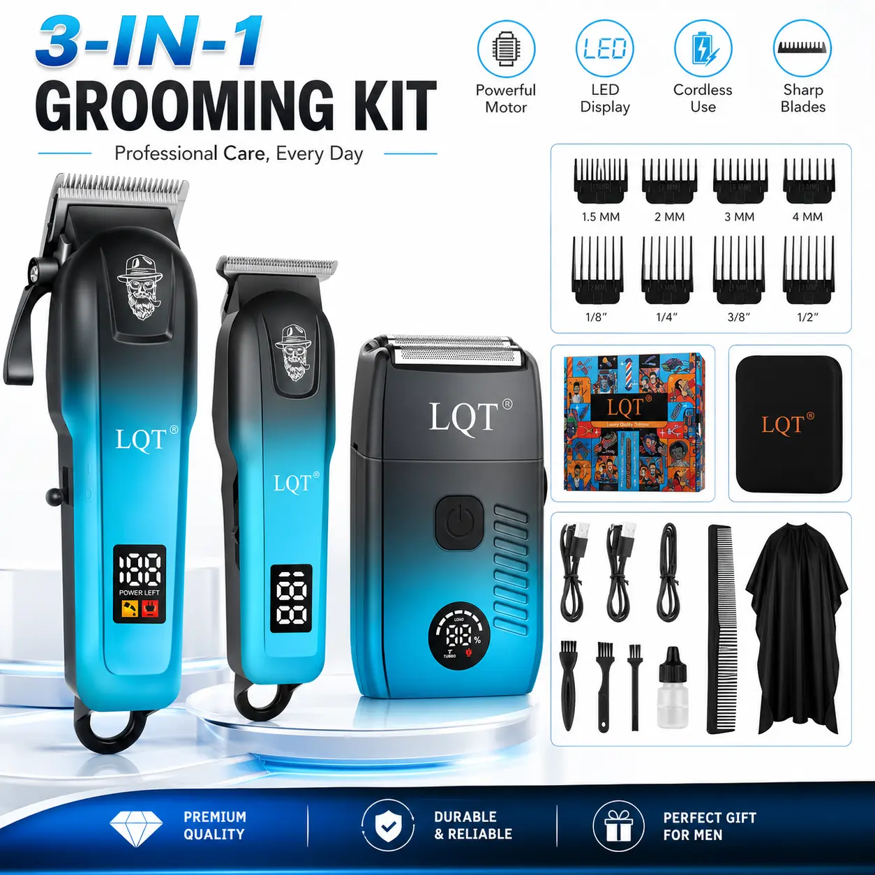 Professional Hair Clippers for Men, 3-in-1 Grooming Kit with Hair Trimmer & Foil Shaver, Cordless Rechargeable Barber Clippers Set with LED Display, Precision Blades, Adjustable Guide Combs for Home Salon Use sohochic
