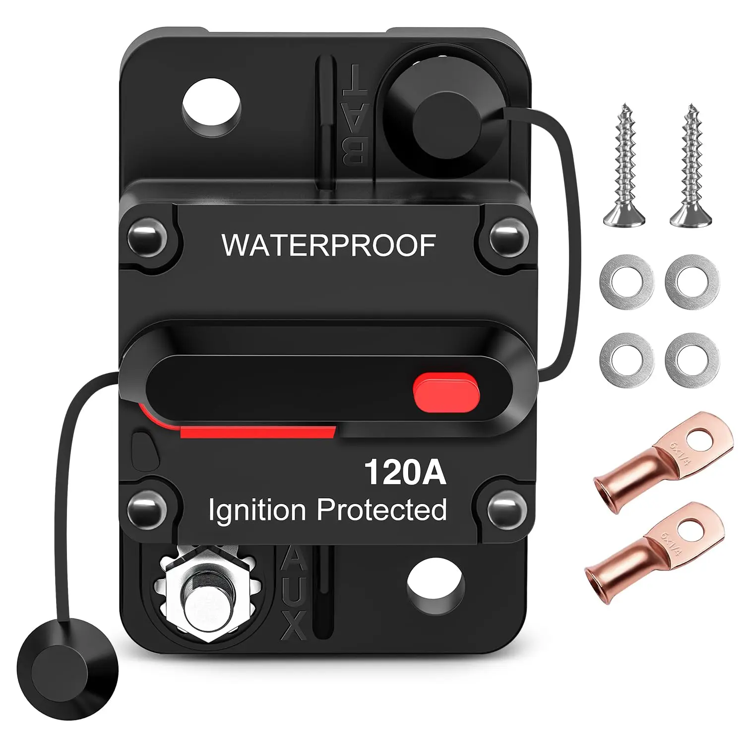 Nilight 120A Resettable Circuit Breaker Protector - 12-48V DC Manual Reset Button, Copper Wire Lugs, Surface Mount, Heat-Resistant, Overload Protection for Car Audio Amplifiers, Boat Marine ATV, 2-Year Warranty