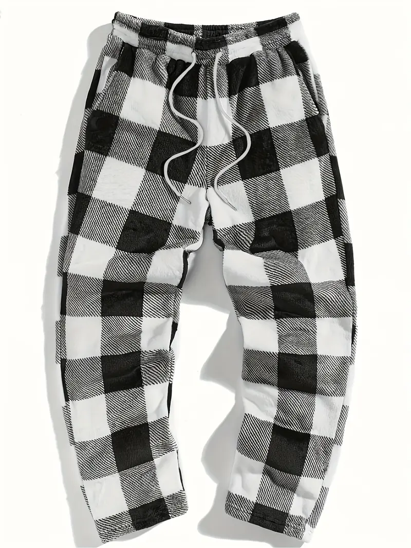 Unisex Plaid Fleece Print Drawstring Pants, Casual Daily Wear, Winter Warm Sleepwear, Christmas Gift, Long Pants