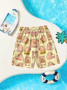 Adorable Capybara Full-Print Shorts Cartoon Water Buffalo Print Kids Summer Beach Swimwear, Casual Fitted Boxers Trunks