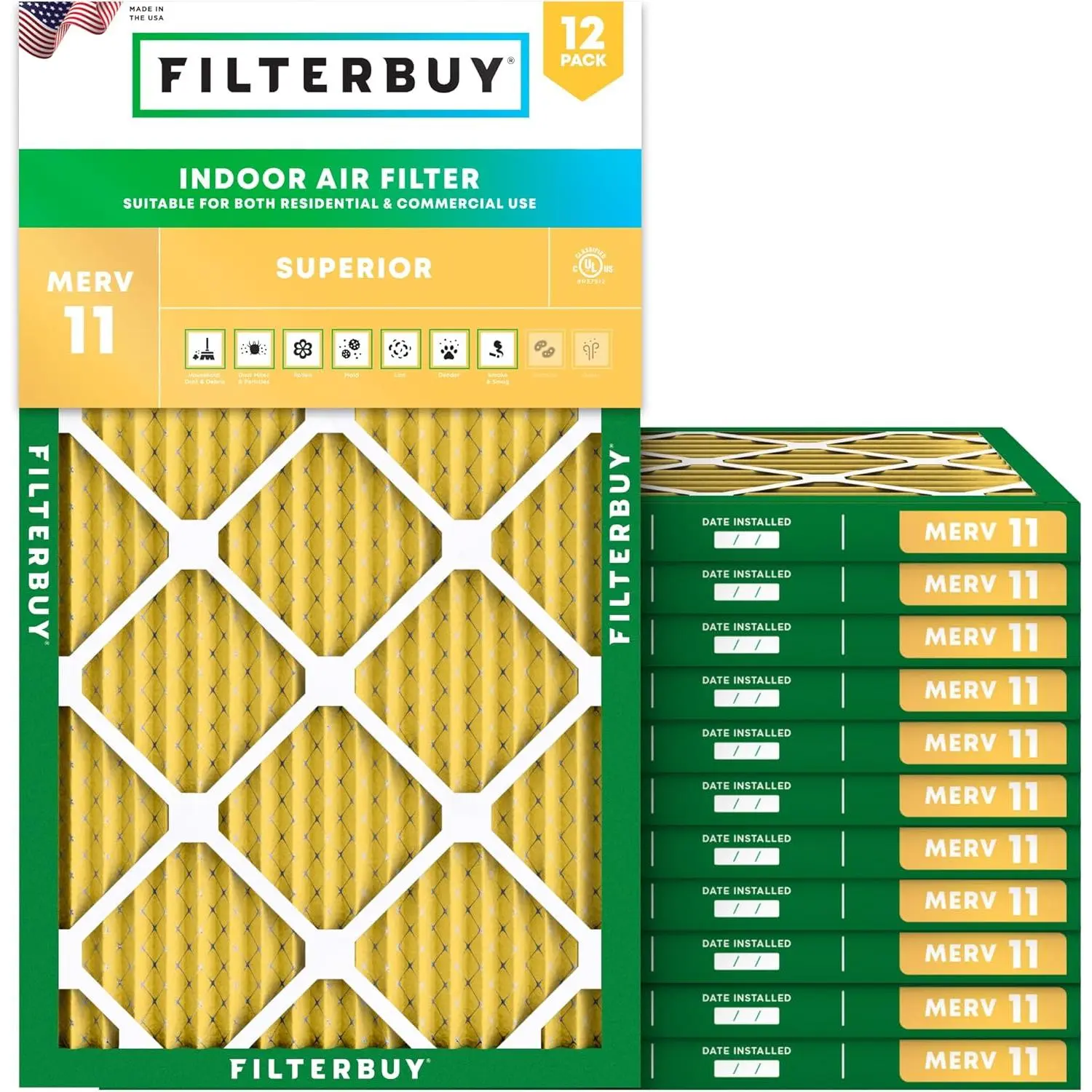 Filterbuy 16x25x1 Eco-Friendly HVAC AC Furnace Air Filter (12-Pack Value), Electrostatically Charged Pleated MERV 11 Allergen Defense, Recyclable Materials (Actual Size: 15.50x24.50x0.75 in)