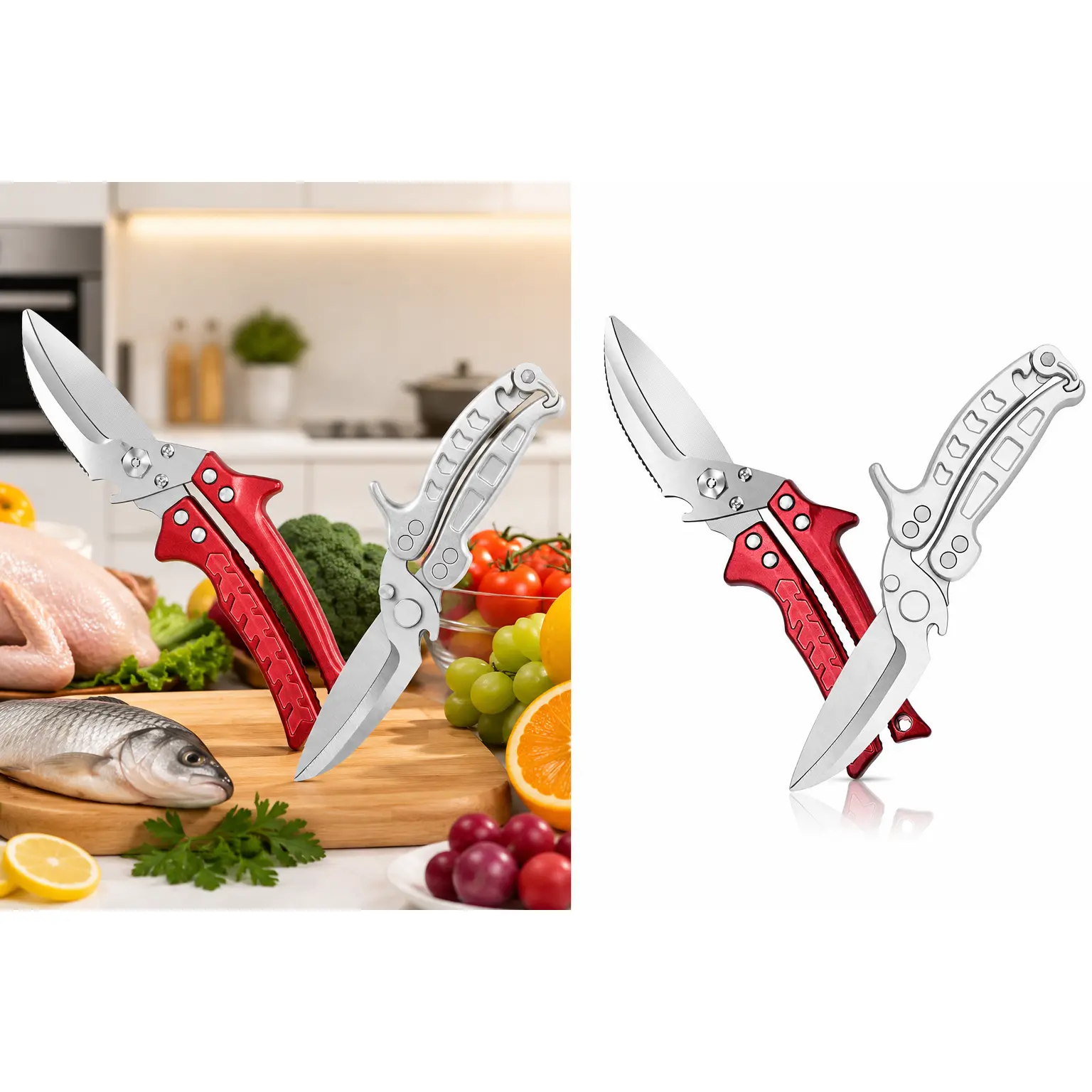 Thick Durable Rustproof Stainless Steel Poultry Shears - Heavy-Duty Silver Detachable Kitchen Scissors, 2-in-1 Tool with Multi-Functional Vegetable Peeler for Chicken, Bone Prep, Ergonomic Grip