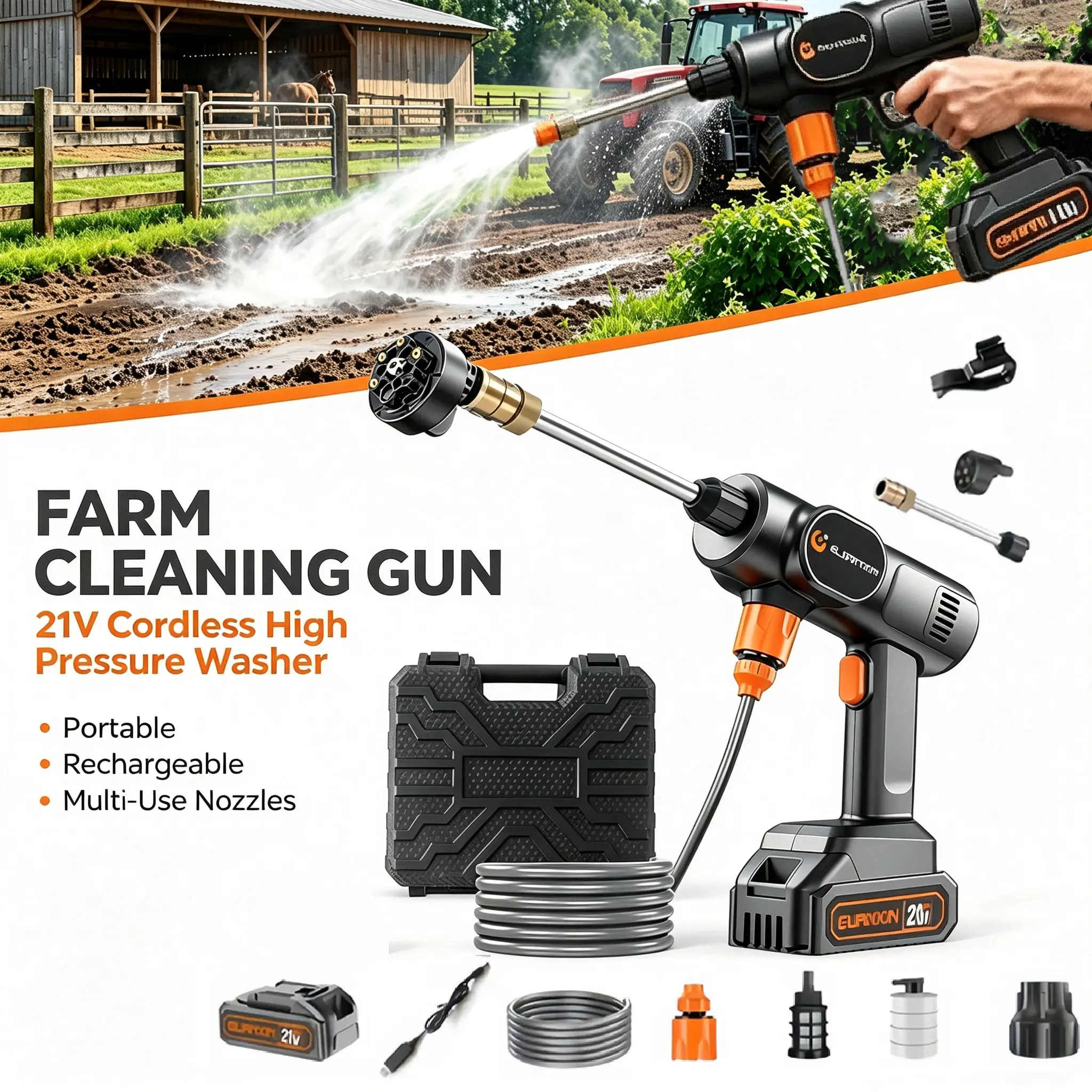 Cordless Portable Pressure Washer, Battery Powered Handheld Pressure Gun with 6-in-1 Nozzle & 0-180° Rotatable Head for Car Washing Patio Driveway Garden Outdoor Cleaning
