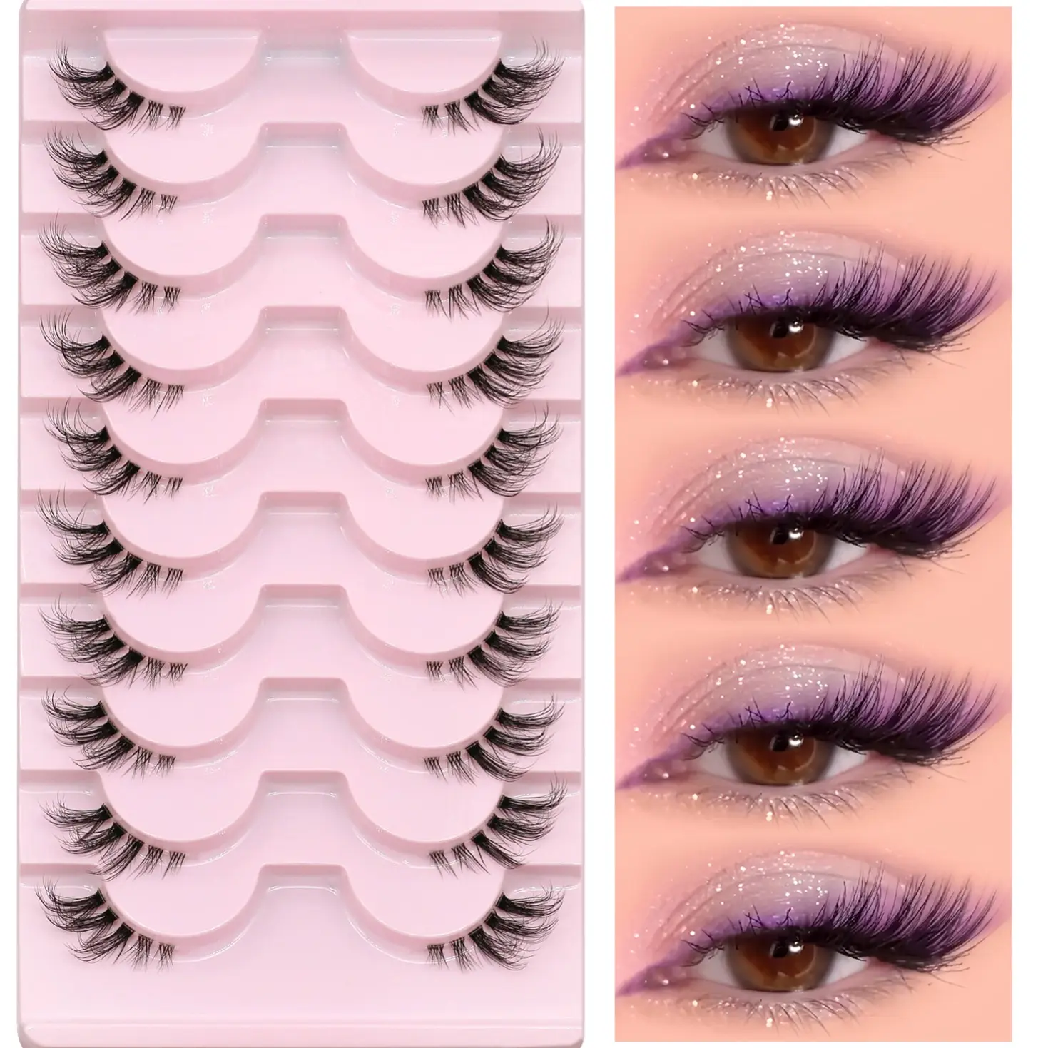 GROINNEYA 10 Pairs Soft Fluffy Eyelashes, Universal Lashes, Feline Lash Look, Lightweight Natural Look Separated False Eyelashes Furry Wispy Half Eye Lashes C Curl Spiky Clear Band Faux Mink Eyelashes For Perfect Makeup, Cosmetic Suitable For Daily Date