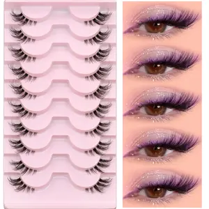 GROINNEYA 10 Pairs Soft Comfortable Fluffy Eyelashes Lightweight Natural Look Separated False Eyelashes Furry Wispy Half Eye Lashes C Curl Spiky Clear Band Faux Mink Eyelashes Voluminous Multi-Pair Pack For Perfect Makeup, Cosmetic Suitable For Daily Date