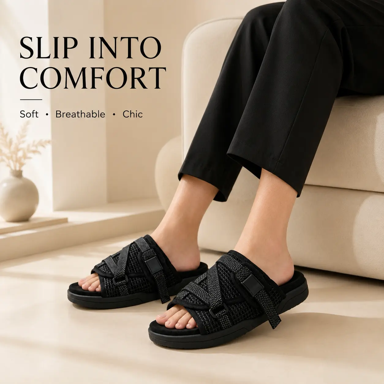 2026 New Unisex Black Comfort Slide Sandals, Breathable Mesh Cross-Strap Slip-On Slides with Cushioned Footbed for Men and Women