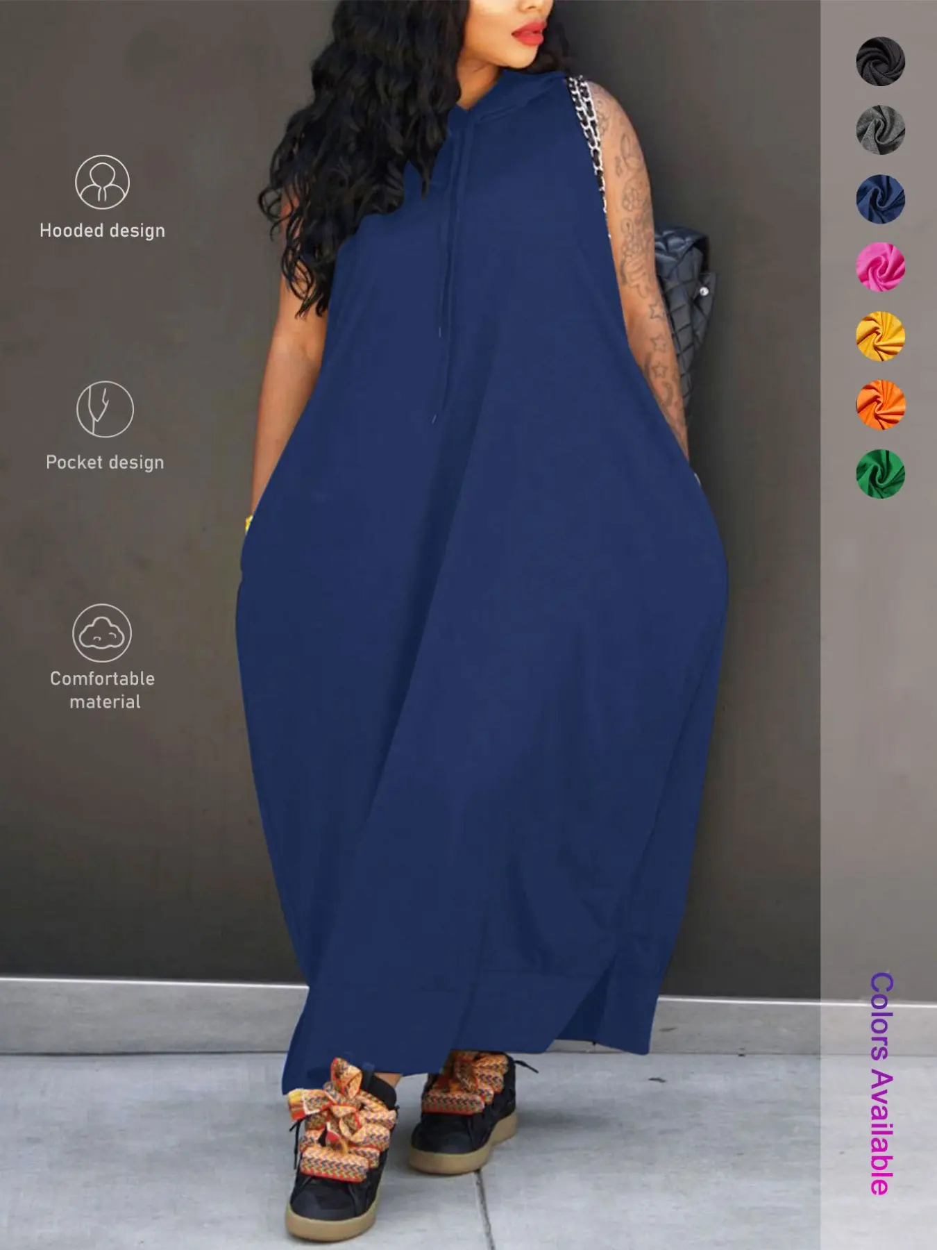 Plus Size Hooded Maxi Dress with Pockets, Casual Sleeveless Loose Long Dress for Curvy Women, Comfy Daily Wear, Womenswear