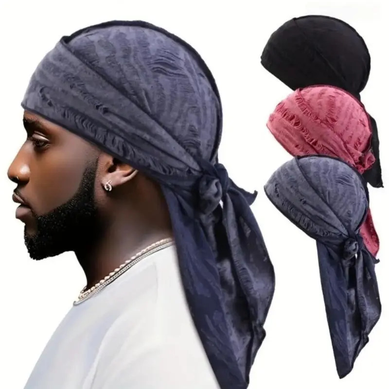 3PCS Unisex Vintage Ripped Polyester Pirate Bandanas - Navy Blue & Red, Adjustable Tie Sports Headwear, All-Season Festive Accessory for Cosplay, Events