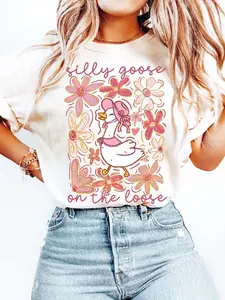 Plus Size Women's T-Shirt Bohemian Goose & Floral Graphic - 100% Cotton Short Sleeve Round Neck Casual Top with "illy g00se on the loose" Letter Print, Breathable & Machine Washable for Spring Summer Fall, Summer Tshirt, Playful Design, Soft Fabric Tee