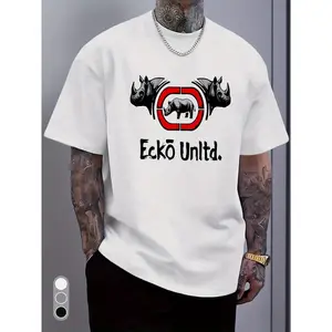 White Rhino Graphic & Ecko Unlimited Text Crew Neck T-Shirt - Bold Black Rhino Head Print, Regular Fit Casual Gym & Everyday Shirt, Durable Comfortable Soft Unisex Top for Training, Autumn & Summer Season, Adult Apparel (Ecko Unlimited Design) with Vibran