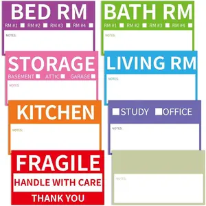 Home Moving Labels, 3.4 x 2 in, 8-Color Coded Packing Box Stickers With Fragile and Blank Customizable Labels