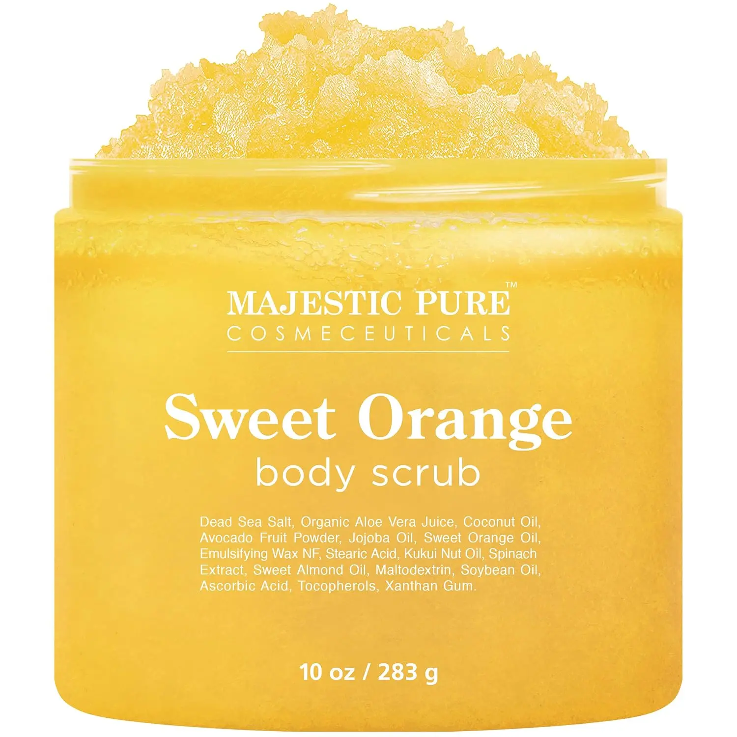 Majestic Pure Sweet Orange Body Scrub, Exfoliating Polish, 10 Oz | Zesty citrus buff that refreshes and softens skin; brightening spa treat for a smooth, glowing, all-over finish.