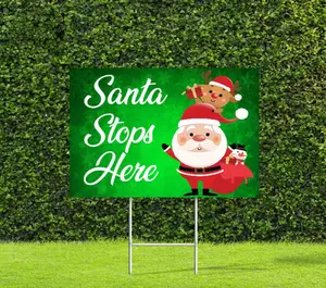 Santa Stops Here Christmas Carole Santa Hat Yard Lawn Sign Plastic & Metal Stake Outdoor Christmas Decor
