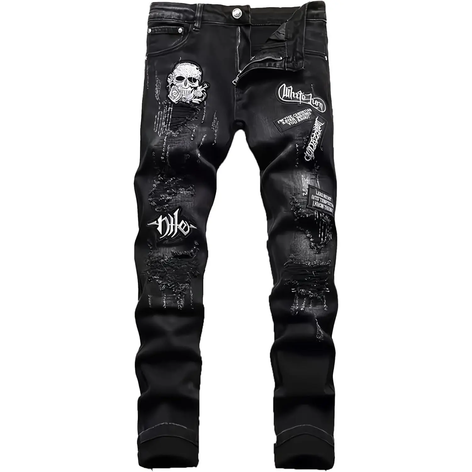 Men's Washed Regular Fit Jeans with Stylish Personalized Embroidery Patches, Comfy Casual Stretch Blend Menswear, Digital Print, Geometric, Denim Pants, Elastane, Cotton Blend, Basic Look, Stretch Fabric, Denim Blend