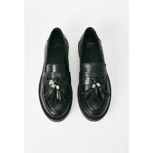 JUSTFAB Women’s Classic Chunky Tassel Platform Buckleless Artificial Leather Loafers - Slip-On Oxford Flats, Casual Office Footwear