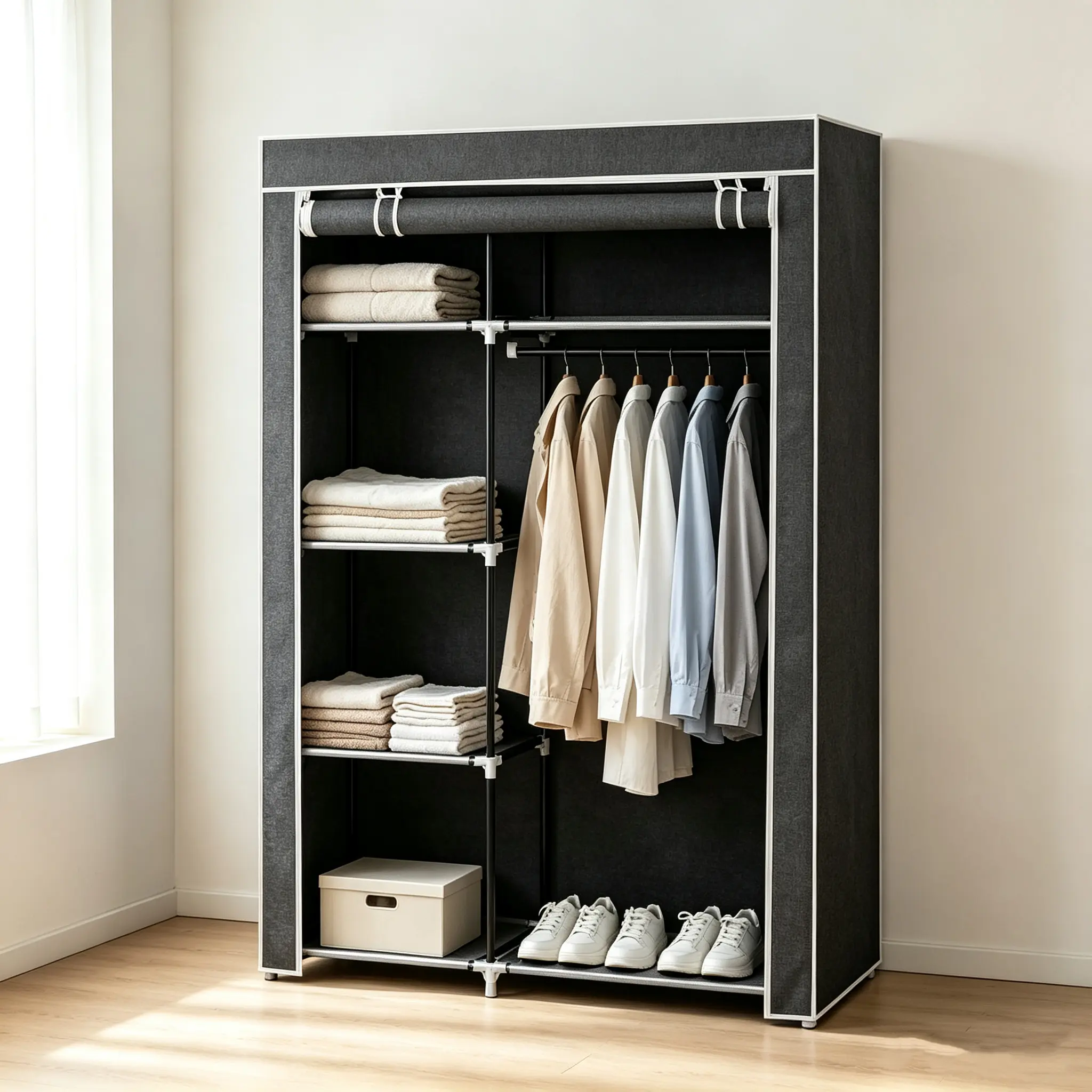 64" Portable Closet Storage Organizer Wardrobe Clothes Rack with Shelves Gray