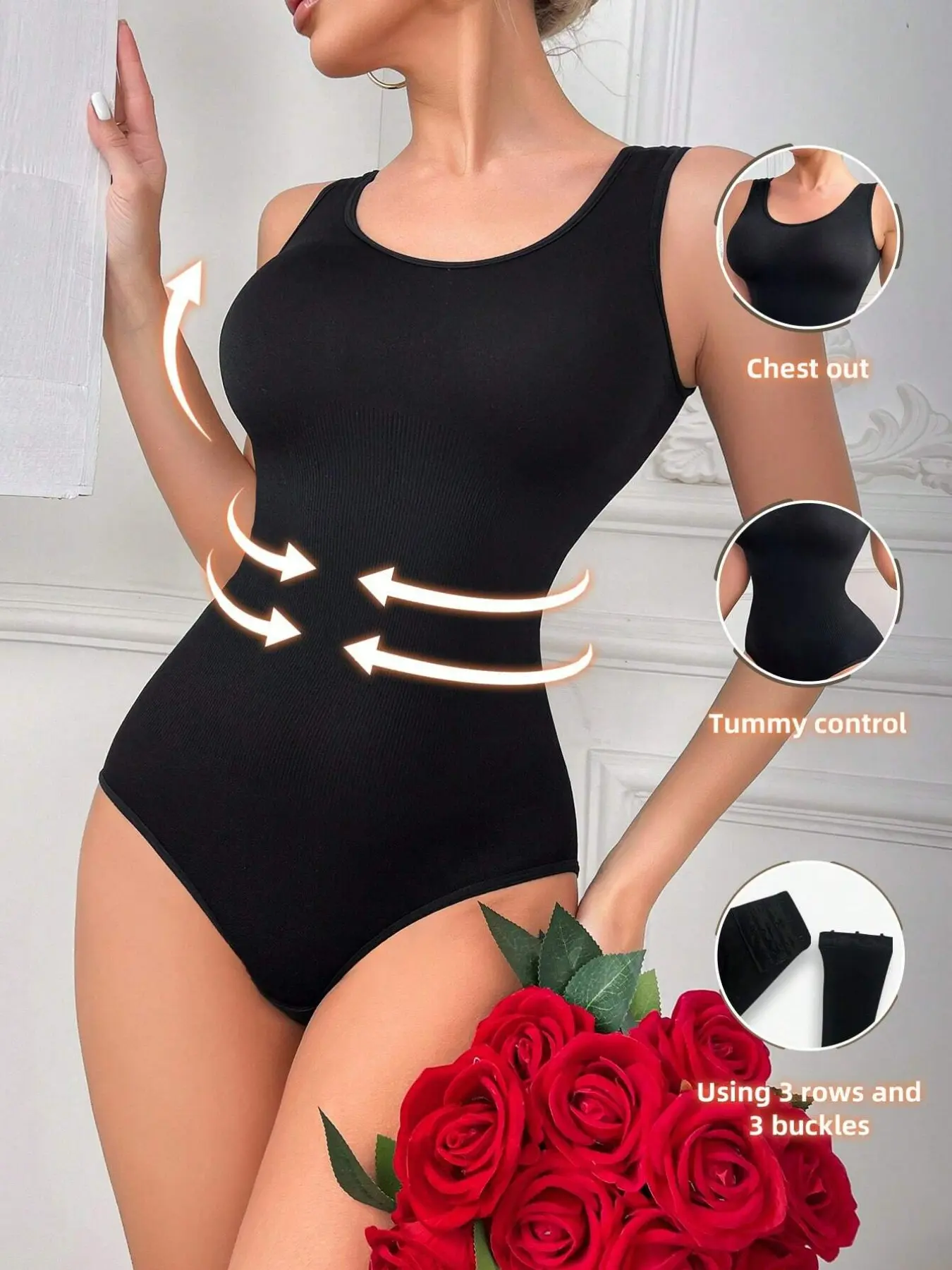 Sleeveless Ribbed Compression Curve Shapewear Bodysuit, Chest Lift & Tummy Control, 3-Row Buckle Seamless Waist Trainer, Breathable Comfort, Versatile Slimming Base Layer