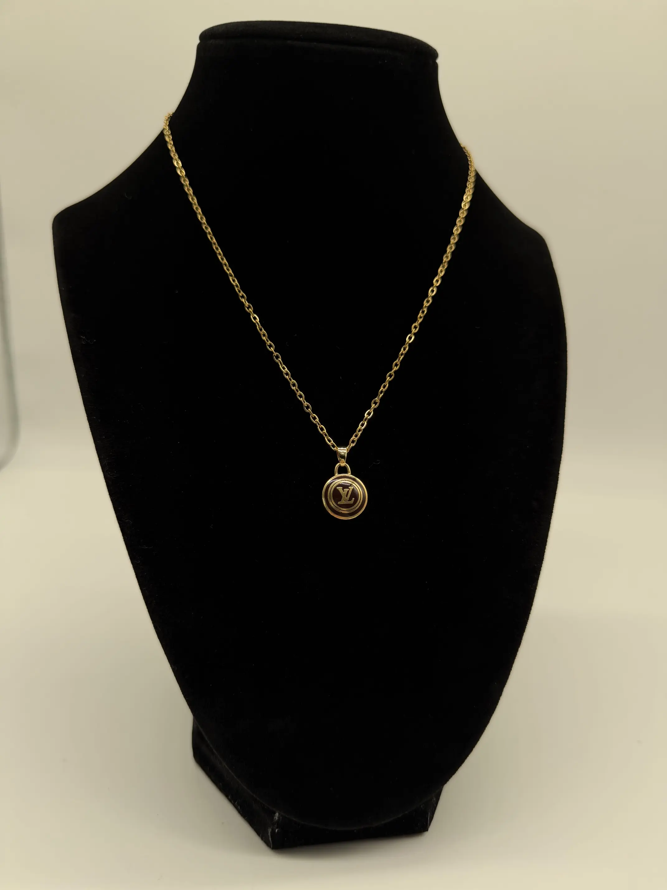 Pre-owned Louis Vuitton Resin Bag Accessories Up Cycled/Handmade Dark Brown LV on Stainless Steel Necklace
