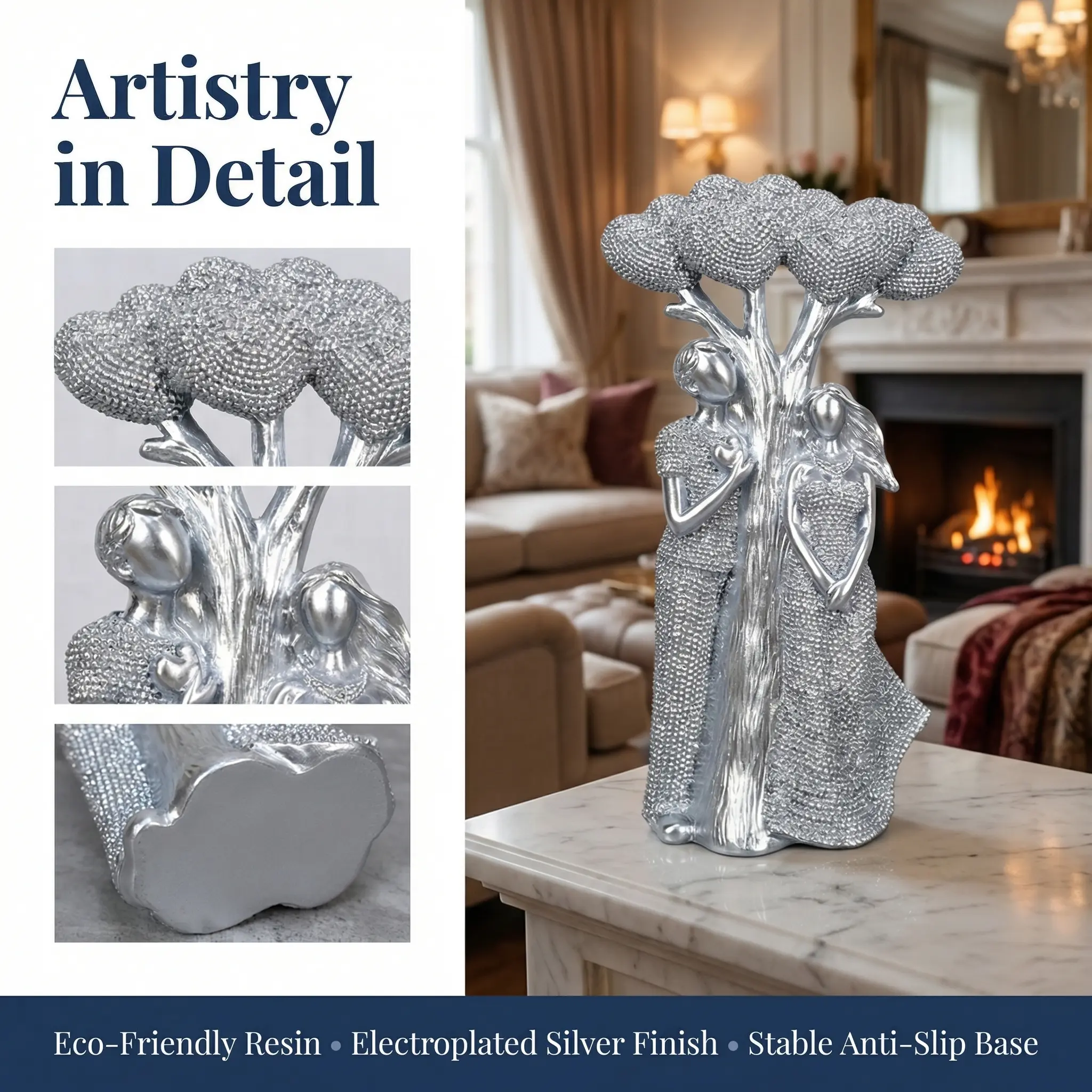 Silver Couple's Heart Resin Sculpture Statue Beaded Texture Love Ornament, Luxury Anniversary Gift, Modern Home Décor Accent, Decoration Items, Desktop & Bookshelf Display Piece, Modern Home Decoration