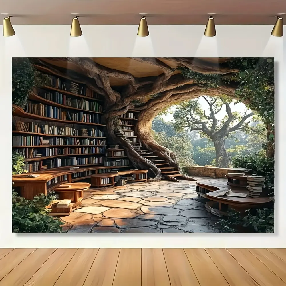 1pc Enchanted Forest & Library Tapestry - Vibrant Polyester Fabric, Stone Steps, Bookshelves & Tree Roots Design, Ideal for Home Decor & Holiday Parties, Mixed Colors