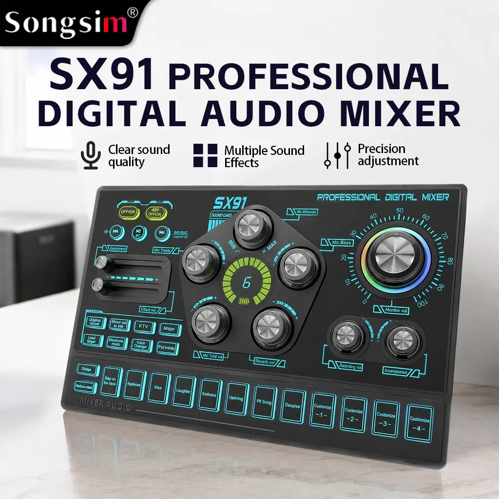 Songsim-SX91 audio mixer features Bluetooth connectivity, dual device streaming, lossless OTG transfer, ambient sound effect control, and professional audio interfaces—ideal for TikTok live streams, recording, podcasts, and instrument performance.
