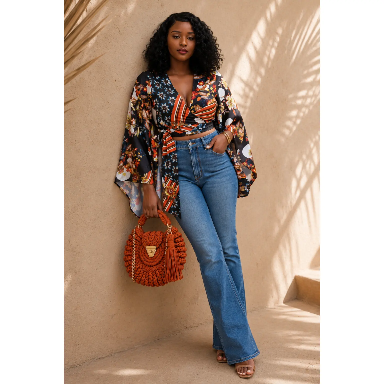 Black Print Kimono Sleeve Wrap Top