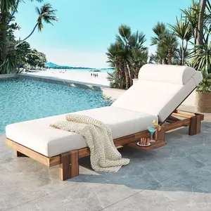 78.8'' Patio Chaise Lounge Chair Outdoor Indoor Acacia Wood Adjustable Recliner with Headrest and Retractable Side Tray, Perfect for Terrace, Poolside, Garden, and Beach