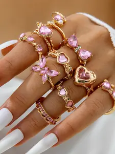 10 Piece Fashion Luxe Heart Gemstone Ring Set, Unique Open Design, Perfect Holiday Gift, Ideal Valentine's Day Surprise