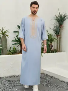 Muslim Traditional Robe Moroccan Style Modesty Thobe Men's Light Blue Mid-Sleeve Robe Embroidered Collar, Eid Al Fitr Festival Clothing, Traditional Arabic Robe