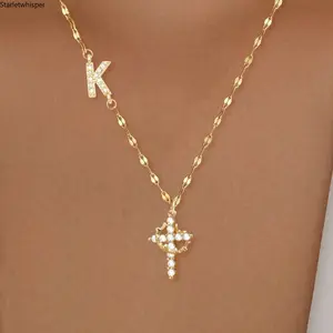 Zircon Cross Crown Letter Pendant Necklace, Stainless Steel Lip Chain, Stylish All-season Casual Statement Jewelry for Women