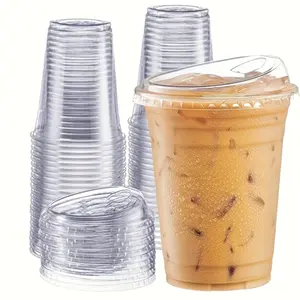 Food Grade Disposable Cups, Degradable PET Cold Cups with Flat Lid, Leak Proof Iced Beverage Cups for Coffee Shop  Tea – For Women Men Café Owner Home Use