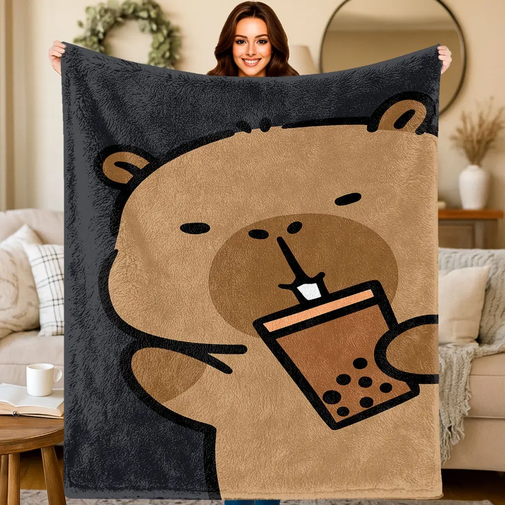 [Cozy Capybara Blanket] Cozy Capybara Plush Blanket | Cute Capybara & Boba Tea Print, All-Season Soft Throw for Bed, Sofa, Camping - Machine Washable Capybara Bedspread, Skin-friendly, soft, lightweight and breathable