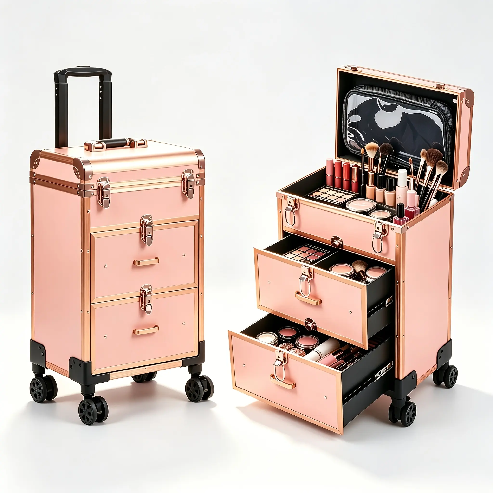 KEEYOTEK Rose Gold Large Aluminum Rectangular Vintage Rolling Makeup Trolley Case - Multiple-Layers with Drawers, Mobile Vanity Cosmetic Carrier with Wheels, Home Organizer for Artists