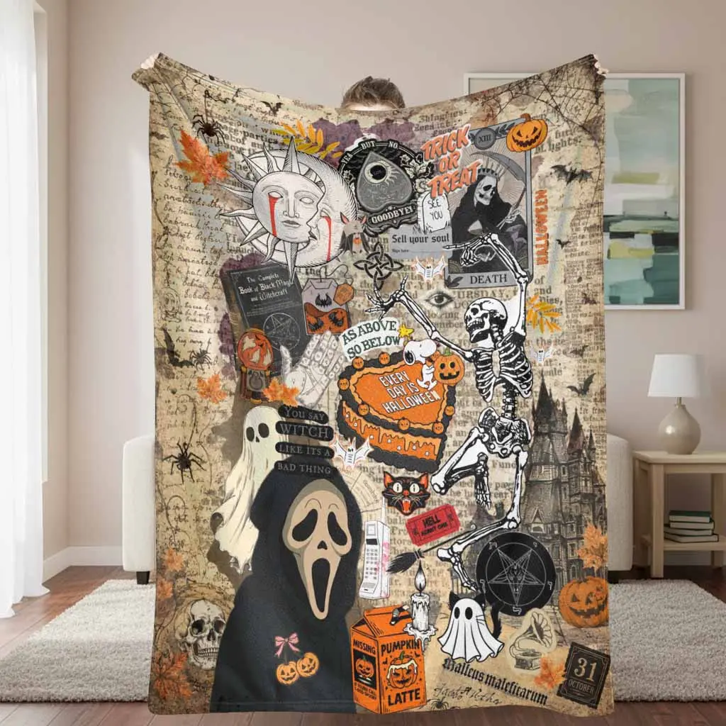 Gothic Alt Style Vintage Halloween Flannel Throw Blanket - Skull, Witch, Ghost, Skeleton, Pumpkin Printed, Cozy Soft Warm - for Sofa, Bedroom, Holiday Gift Decor, Gothic Alt Style Blankets, Vintage Halloween Blankets