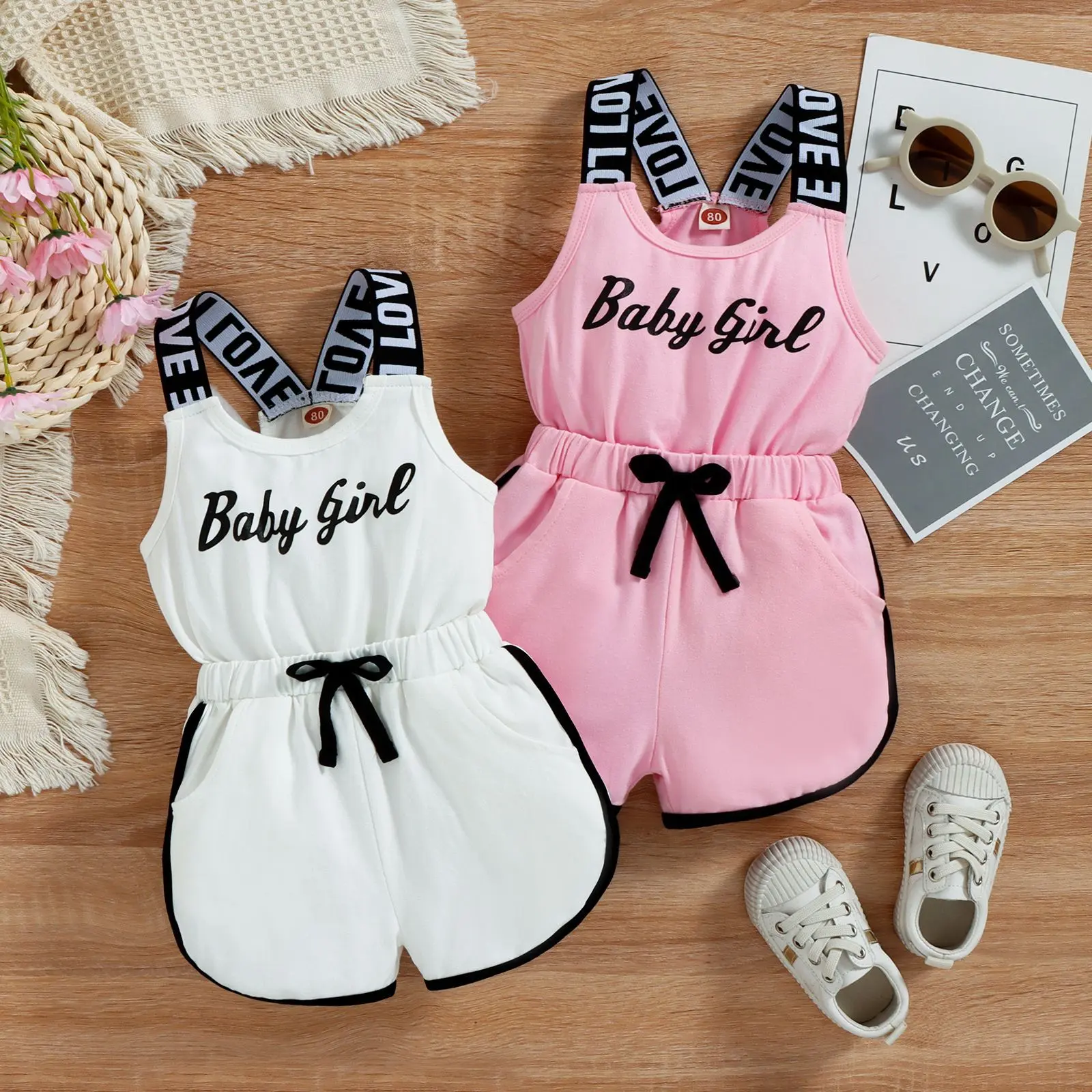 Casual Letter Print Romper for Toddler Girls, Stretchy Elastane Blend Summer Outfit with Adjustable Straps, Girls' Wear, One-Piece Romper