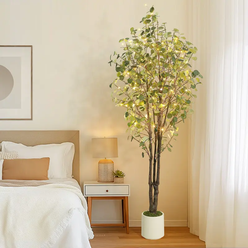 7Ft Artificial Eucalyptus Tree with Lights - Artificial Faux Greenery, Fake Silk Tree with White Fairy Moss Pot, Large Indoor Floor Decor for Home, Fruit Flower Gift Ornament (Indoor Furniture Accent)