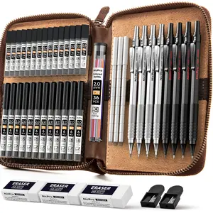 Nicpro 45Pack Black & Silver Metal Mechanical Pencil Set in Leather Case, Art Drafting Pencil 0.5, 0.7, 0.9 mm, 2mm Lead Holders for Sketching Drawing With 27 Tube (6B 4B 2B HB 2H 4H Colors)Lead Refill